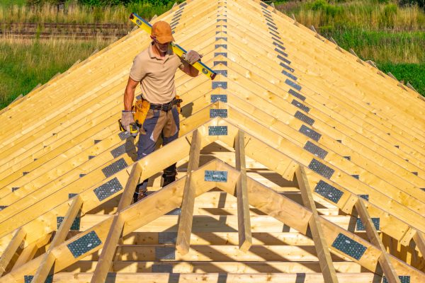 A construction worker uses a level tool on top of a wooden roof framework in a sunny, rural area. The worker is focused on ensuring proper alignment.